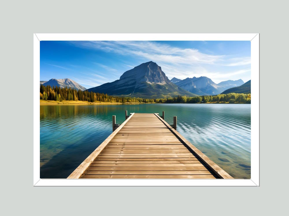 A Long Wooden Pier on a Smooth Lake Framed Wall Art for Bedroom Living Room
