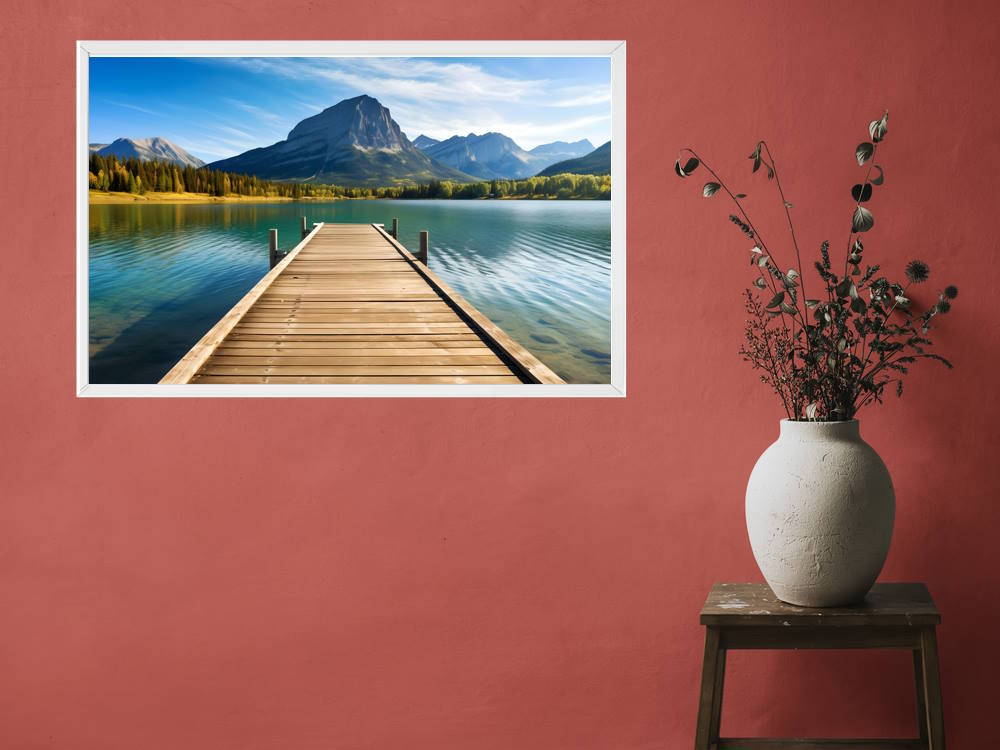 A Long Wooden Pier on a Smooth Lake Framed Wall Art for Bedroom Living Room