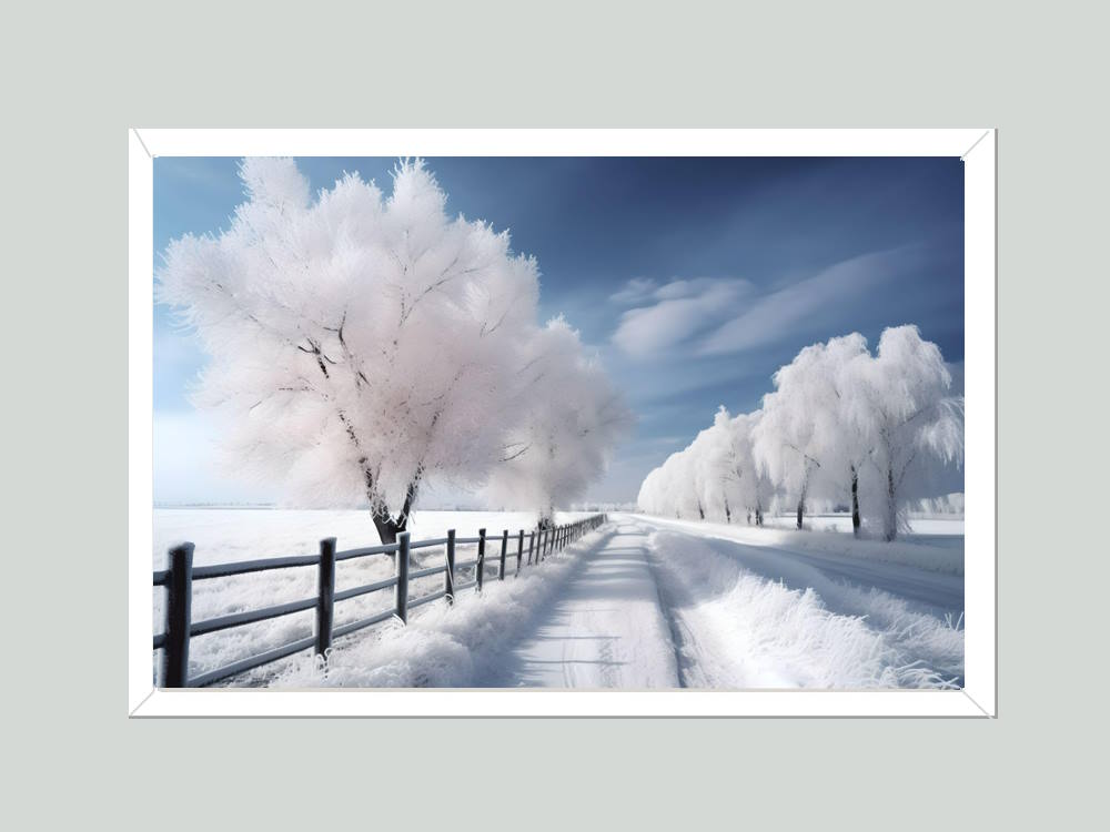 A Winter Road with Snow Covered Trees Printed Wall Art for Living Room