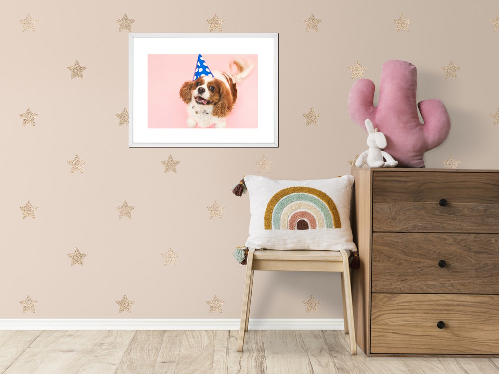 Cute Dog Ready to Party Poster in Timber Frame for Kids Room