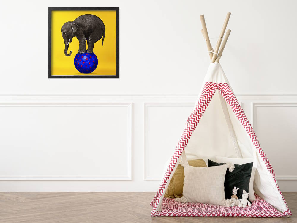 Elephant balancing on Purple ball with Red stars Printed Art Framed in South Morang Melbourne2