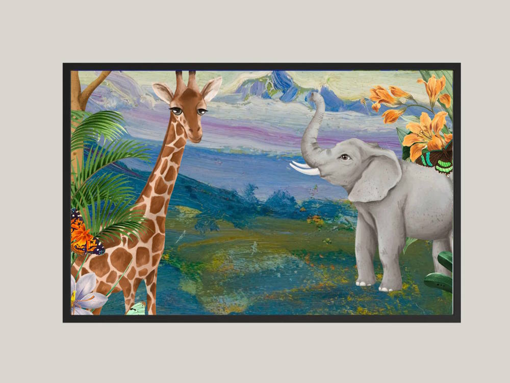 Giraffe Ignoring Elephant Talking Printed Wall Art for Childs Room