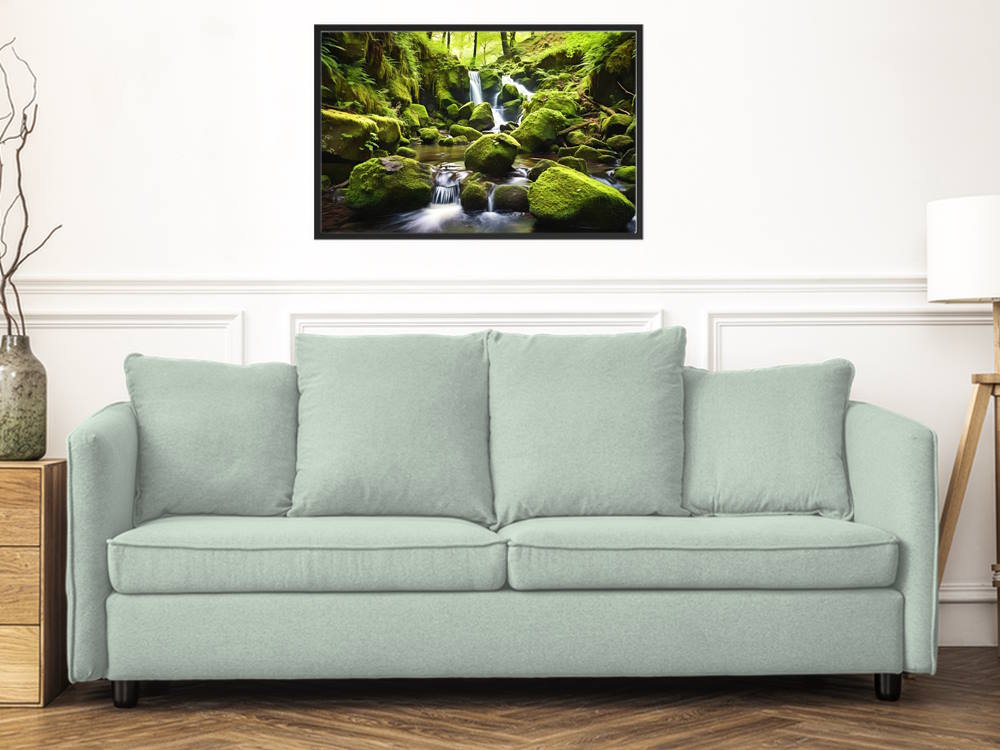 Peaceful Natural Stream Waterfall over Mossy Rocks, Printed Wall Art