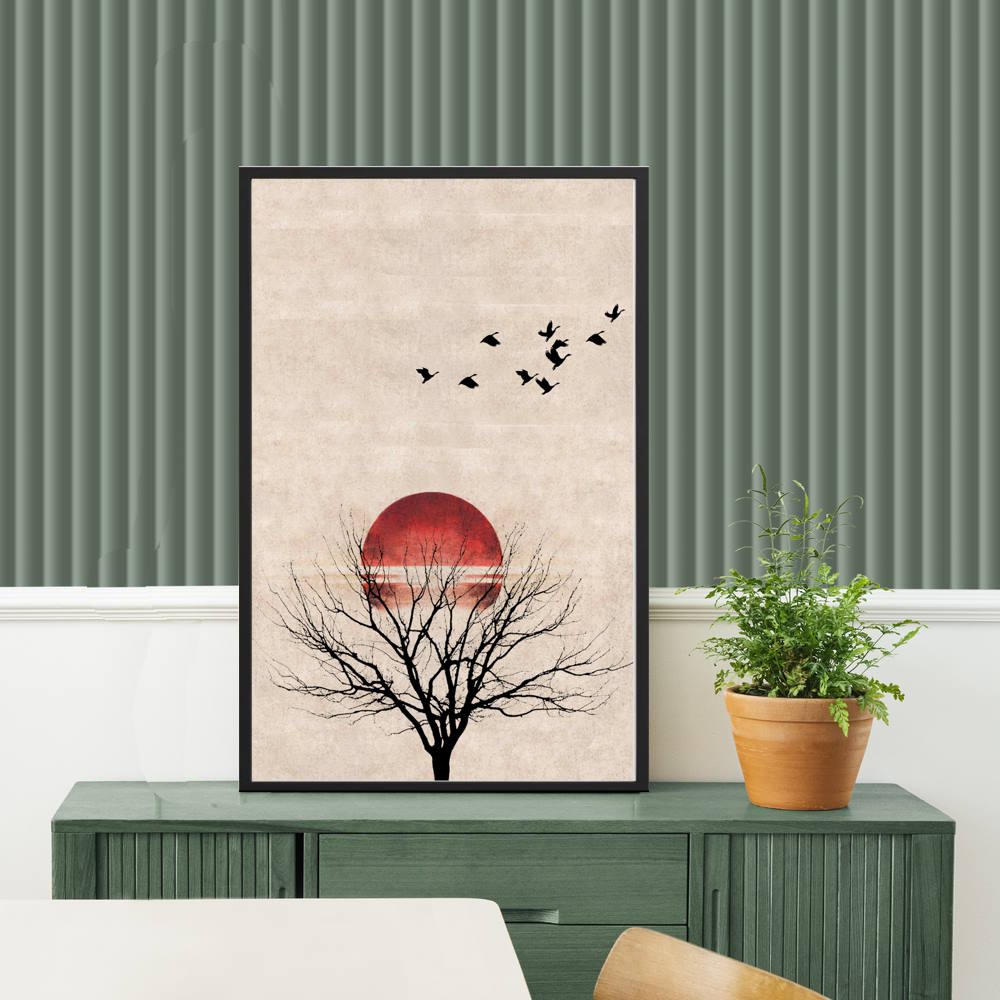 Silhouette of Sun and Tree with Birds Flying Printed Poster Framed