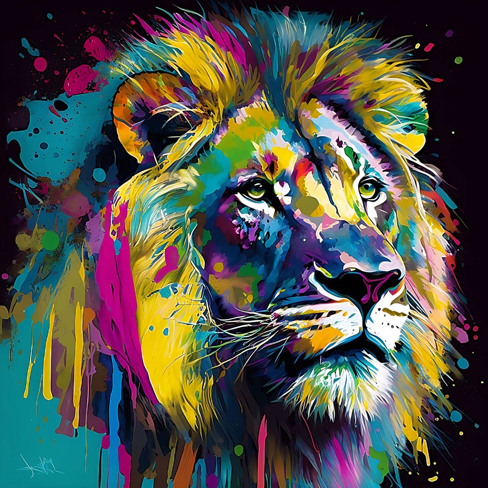 African Lion brightly coloured with a Unique Twist Fusing Painting with a Contemporary Flair Blending Street Art & Neo-Expressionism, Perfect for the Adventurous and Artistic