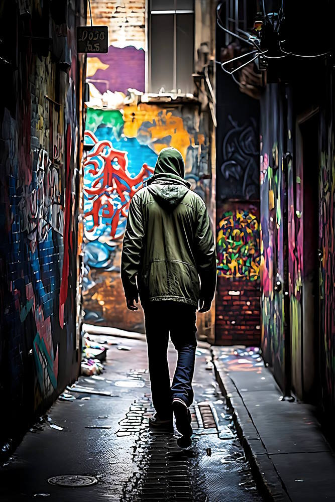 Man Walking down Hosier Lane Melbourne Graffiti Style Contemporary Wall Art