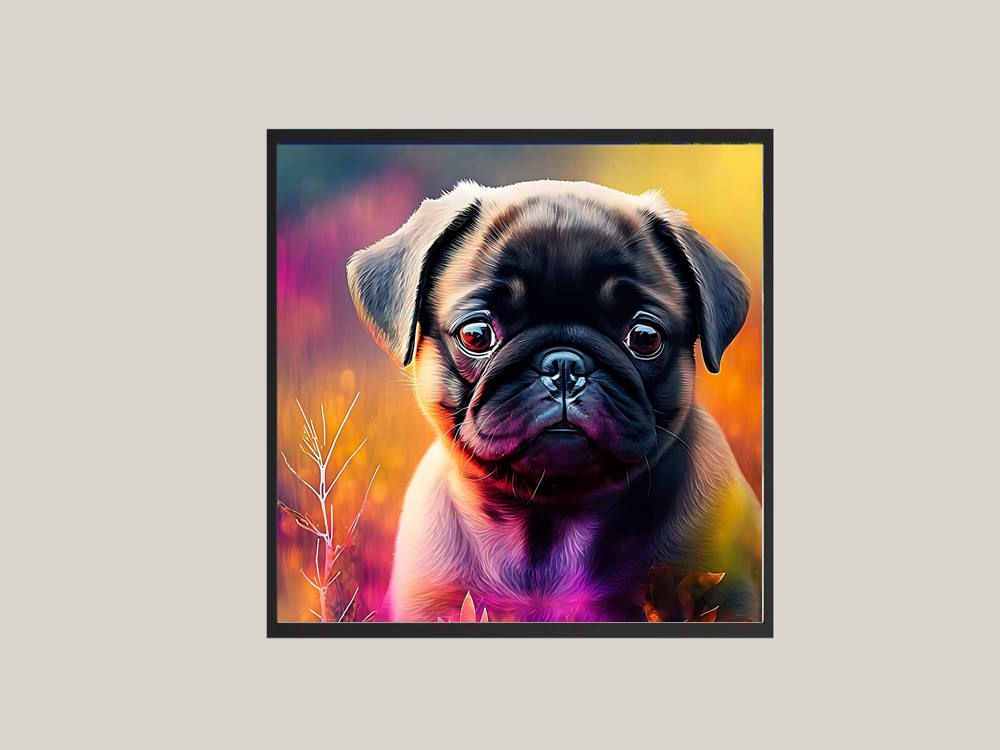 Pug Puppy in Colourful Field Setting Contemporary Digital Wall Art