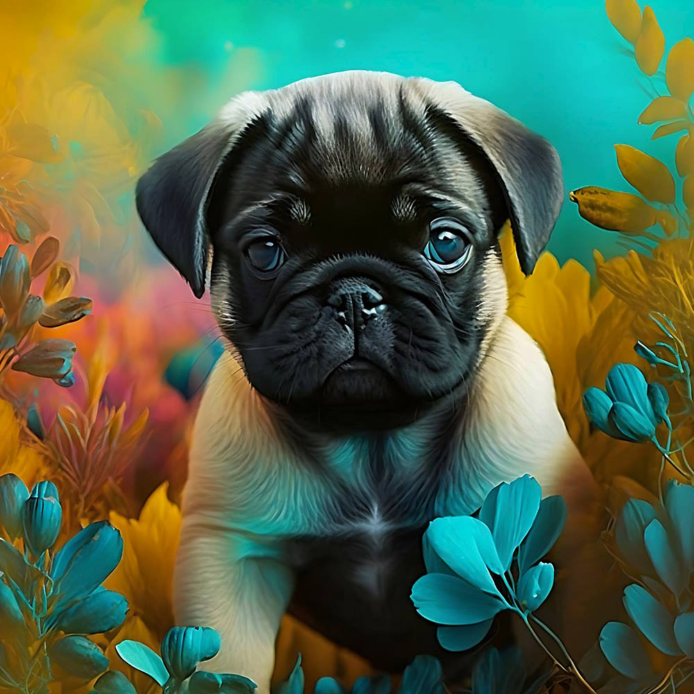 Pug Puppy in Colourful Field Setting Contemporary Digital Wall Art for kids room