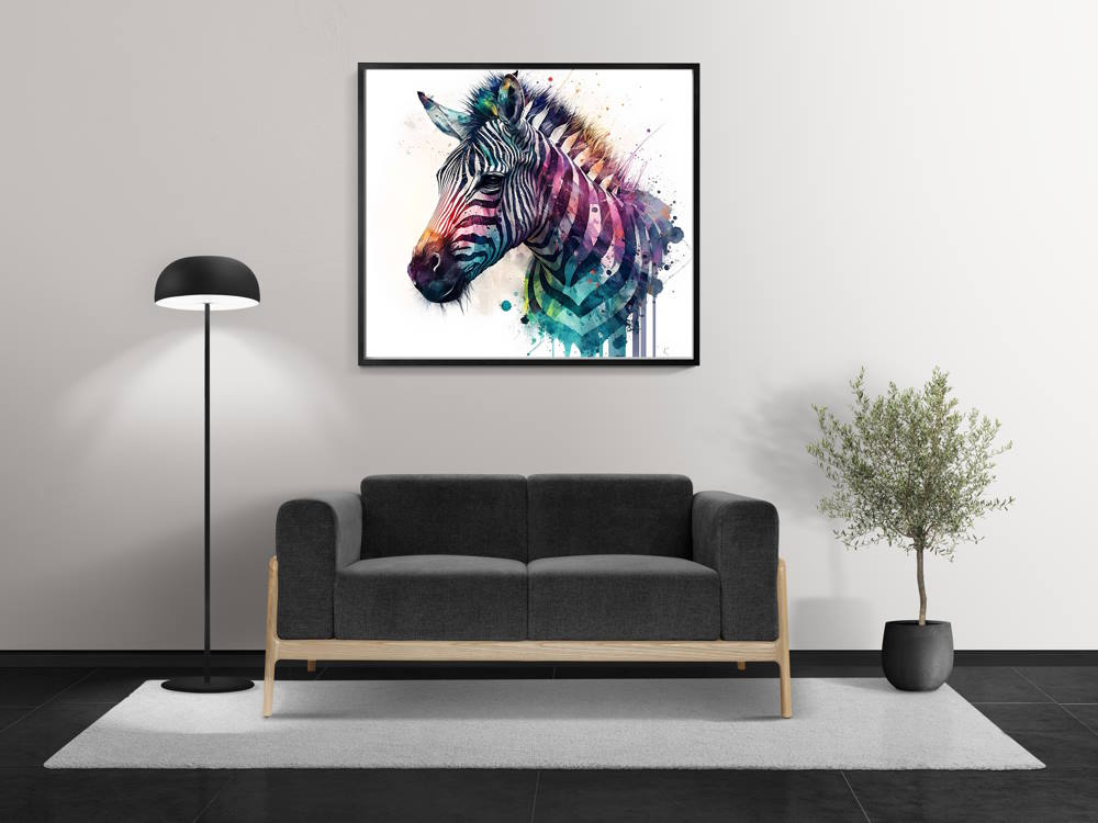Colourful Zebra Digital Wall Art in a modern living room