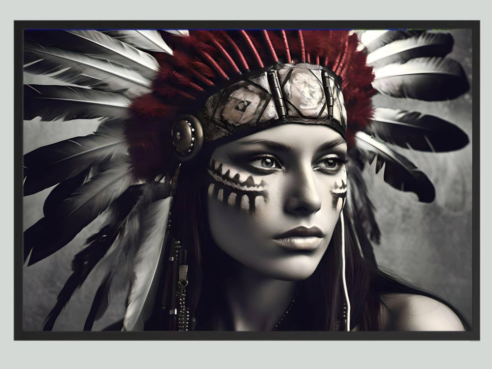 American Indian Woman with Red Feathered Printed Wall Art for Living or Master Bedroom