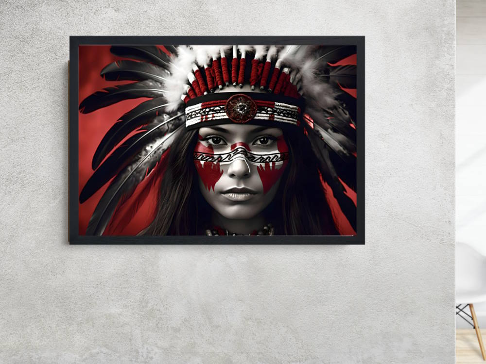 American Indian Woman with Red Head-Dress Printed Wall Art for Living or Master Bedroom