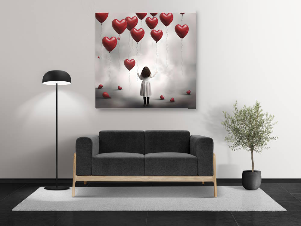 Dark Haired Girl Holding Balloons Canvas Printed Wall Art
