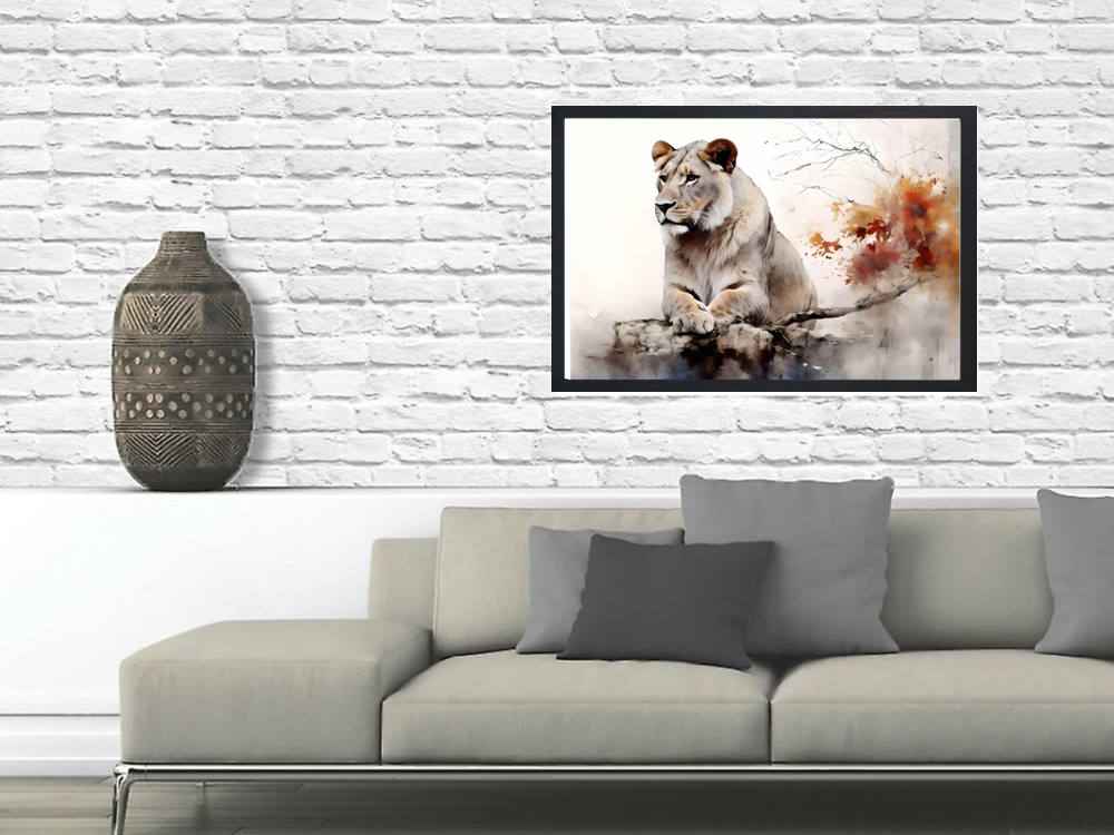 Lioness Wall Art printed wall art melbourne on Watercolour Background on living room wall