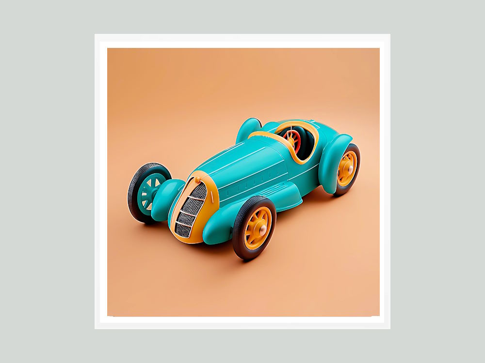 Aqua & Orange Racing Car in white Frame Wall Art for Child's Room