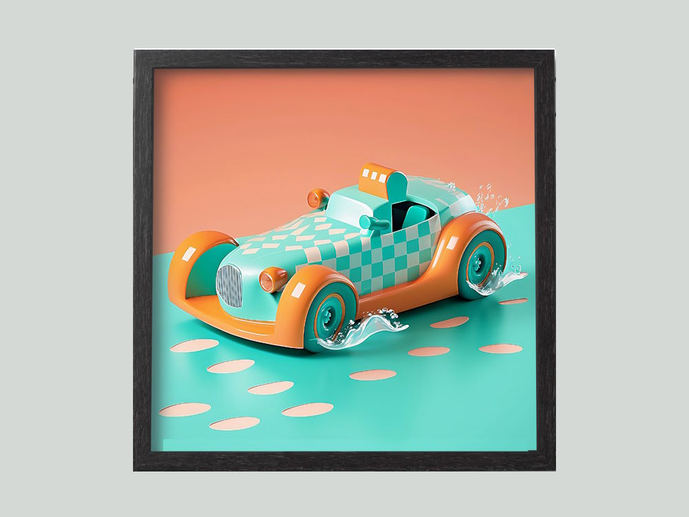 Aqua & Orange Spotted Racing Car in black Frame Wall Art for Child's Room