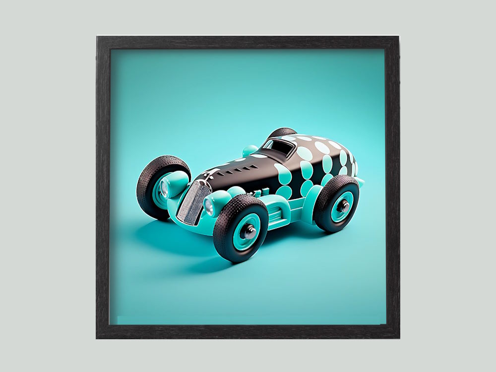 Aqua Racing Car in Frame Wall Art for Child's Room black frame