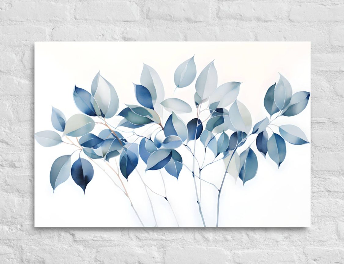 Blue ficus leaves in watercolour canvas wall art print1