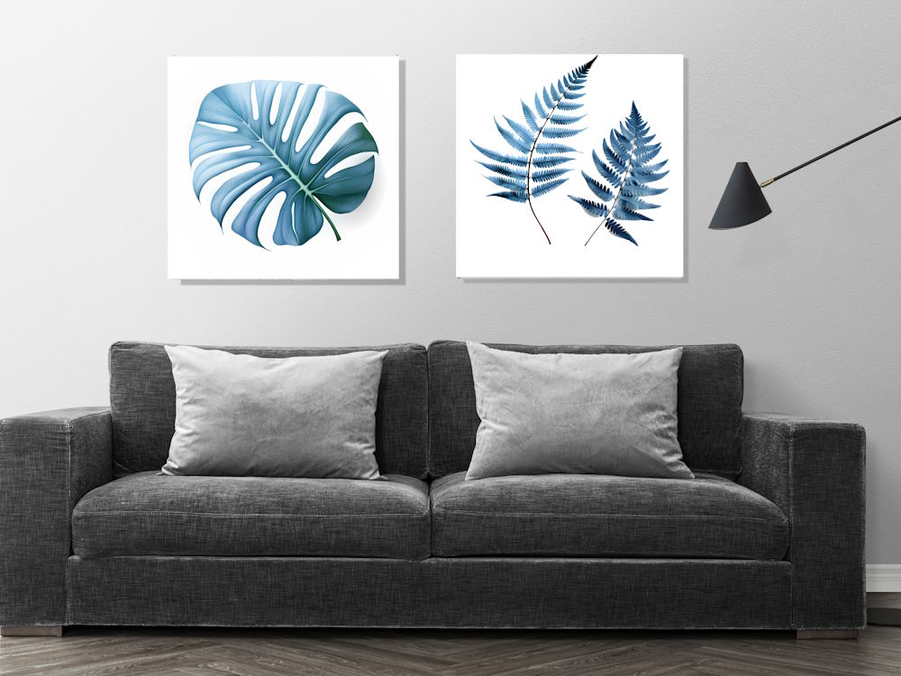 Blue Monstera Leaf in Canvas Printed Wall Art Frame