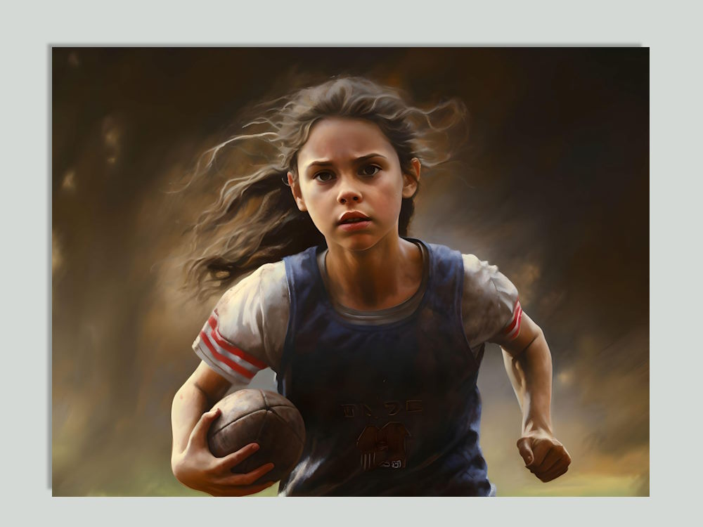 Girl Running with Football in through Desert Landscape Canvas Wall Art