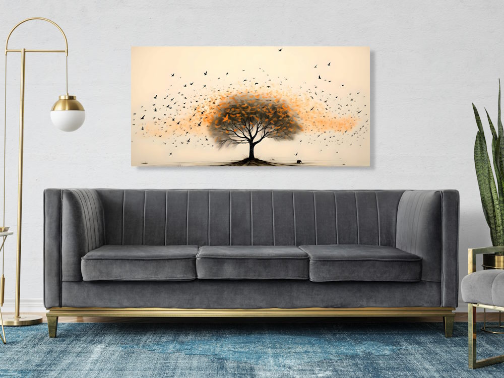 Tree with Flock of Birds flying around Printed Canvas Wall Art