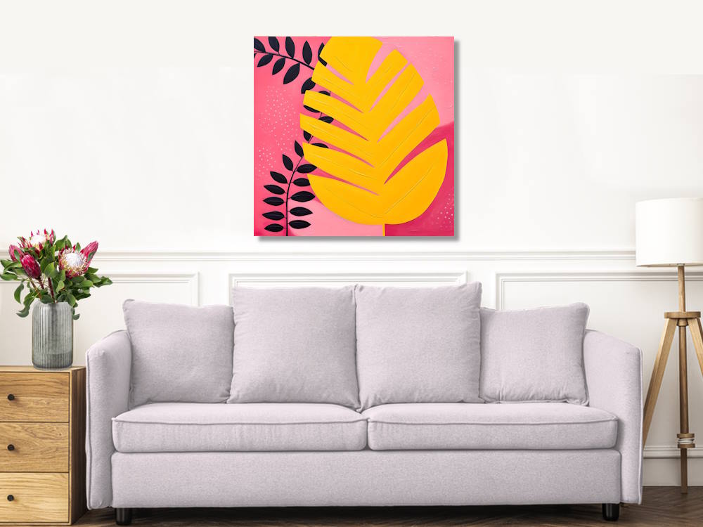 Yellow leaf on Pink Patterned Background Canvas Wall Art